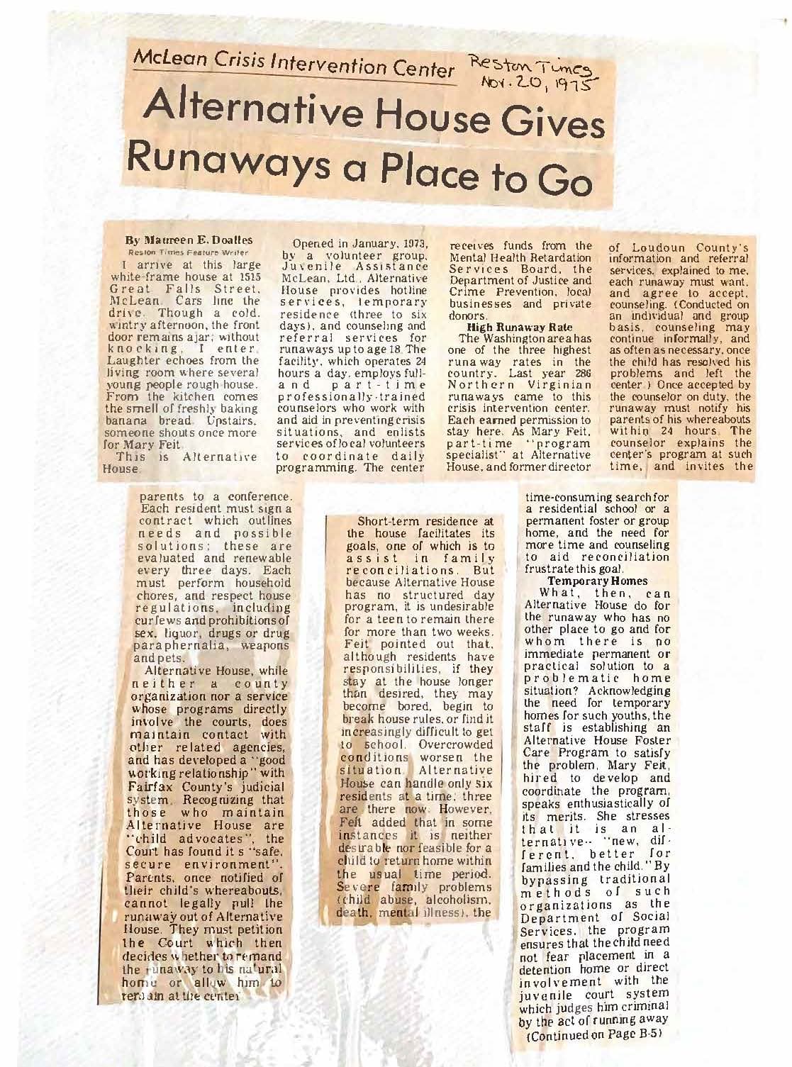 1975 Reston Times Article "AH Gives Runaways a Place to Go"