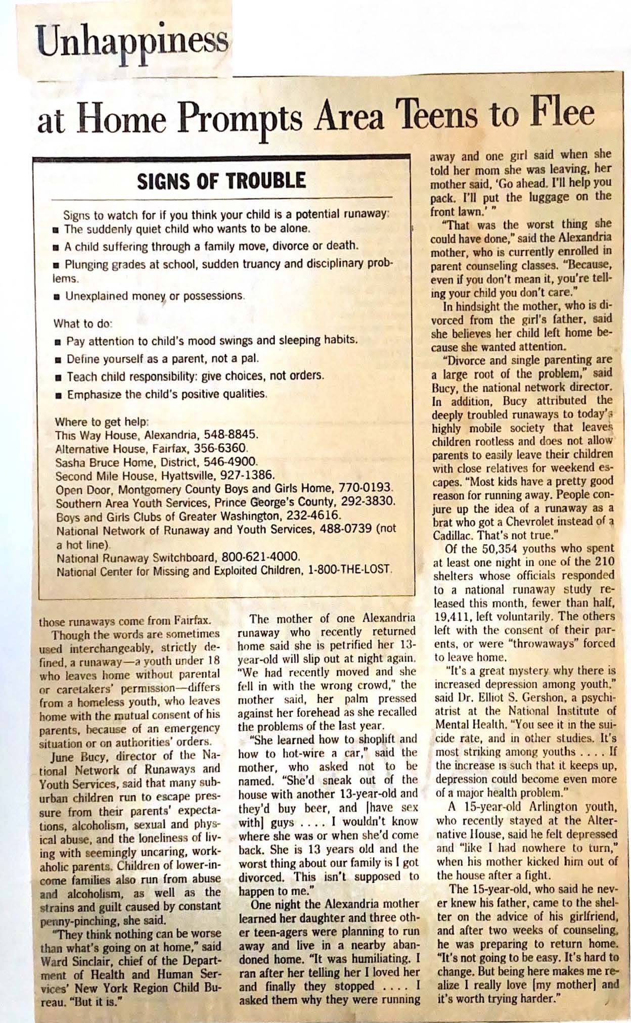 1985 Runaway Problem.. in Washington Post Page2
