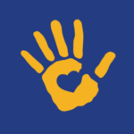 Yellow handprint with a cutout of a heart in front of a blue background