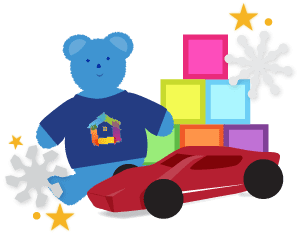 Teddy bear, race car, and blocks